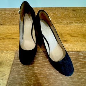 Tory Burch Black Suede Block Heel Pump with Gold Tory Detail Size 10